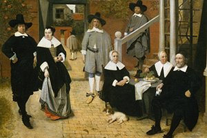 Malerei einiger Menschen mit grauen und schwarzen Kleidern und weissen Krägen, Hüten und Hauben.