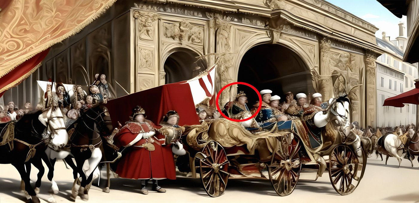 farbiges Bild mit Pferden und einigen Personen deren Gesicher verzerrt sind