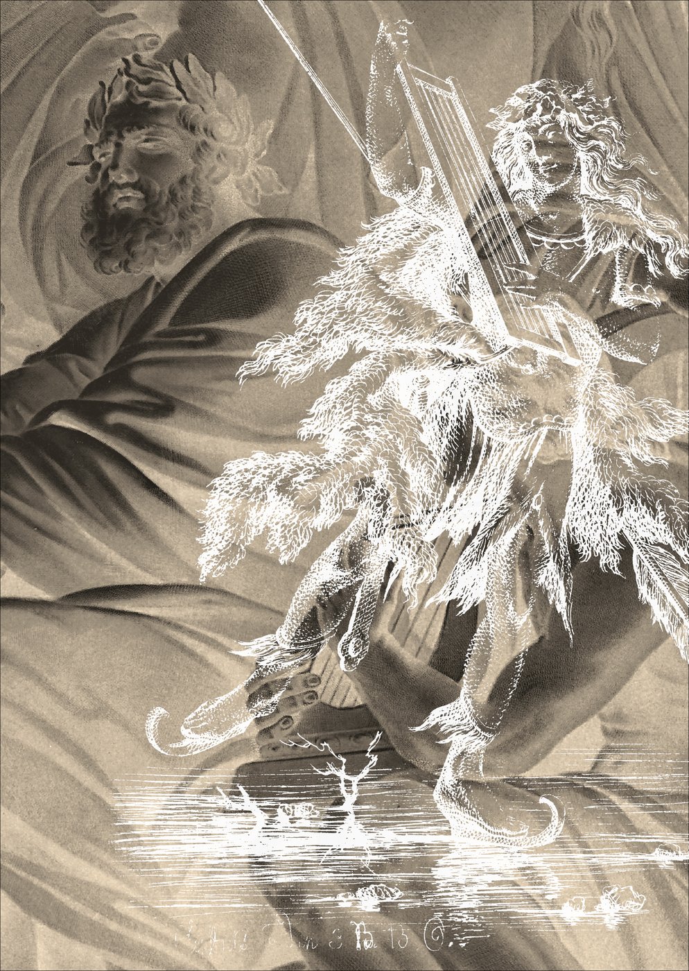 ein beige graues Sujet das einen Mann und eine weisse Figur mit Schlittschuhen und Harfe zeigt.