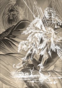 ein beige graues Sujet das einen Mann und eine weisse Figur mit Schlittschuhen und Harfe zeigt.