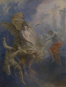 Engel und verschiedene Figuren vor einem blauen Hintergrund