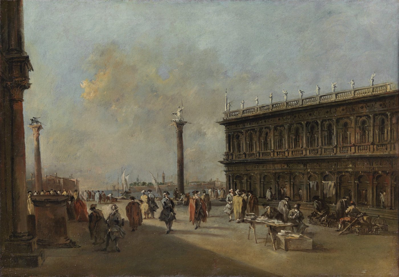 ein Gemälde von einem grossen Platz bei Sonnenschein mit vielen Menschen