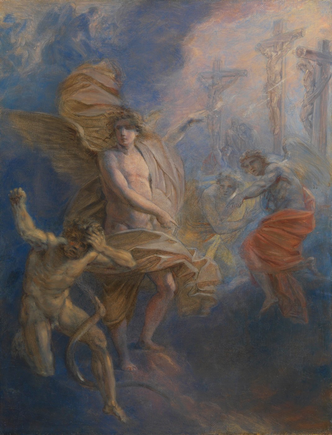 Menschen, Engel und Kreuze mit Gekreuzigten