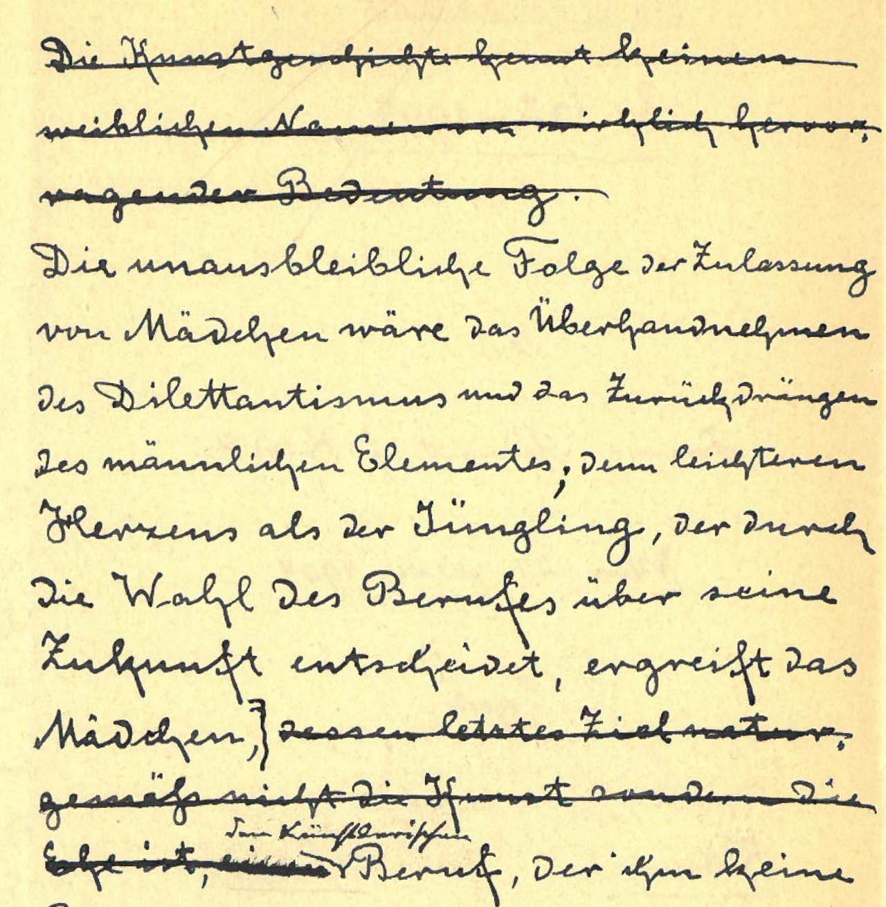 abb3 Ausschnitt aus der Seite 2 des Verwaltungsakts. Die Zeile „Die Kunstgeschichte kennt keinen weiblichen Namen von wirklich hervorragender Bedeutung.“ Ist durchgestrichen, aber noch gut lesbar.