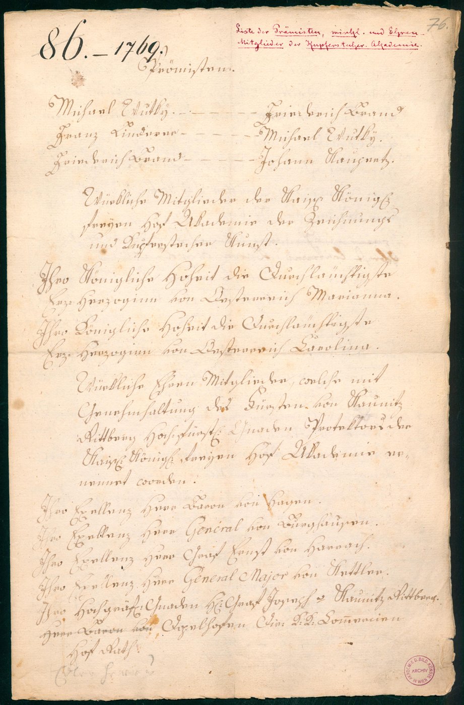 2 Dokument, handgeschrieben in Kurrentschrift, schwarze und rote Tinte auf gelblichem Papier, Erwähnung der Erzherzogin Maria Anna.