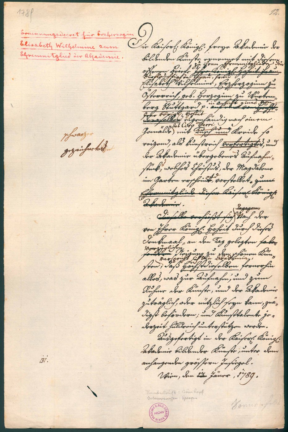 5 Handgeschriebenes Dokument, Kurrent, schwarze und rote Tinte, Dekretsentwurf für Erzherzogin Wilhelmine von Württemberg