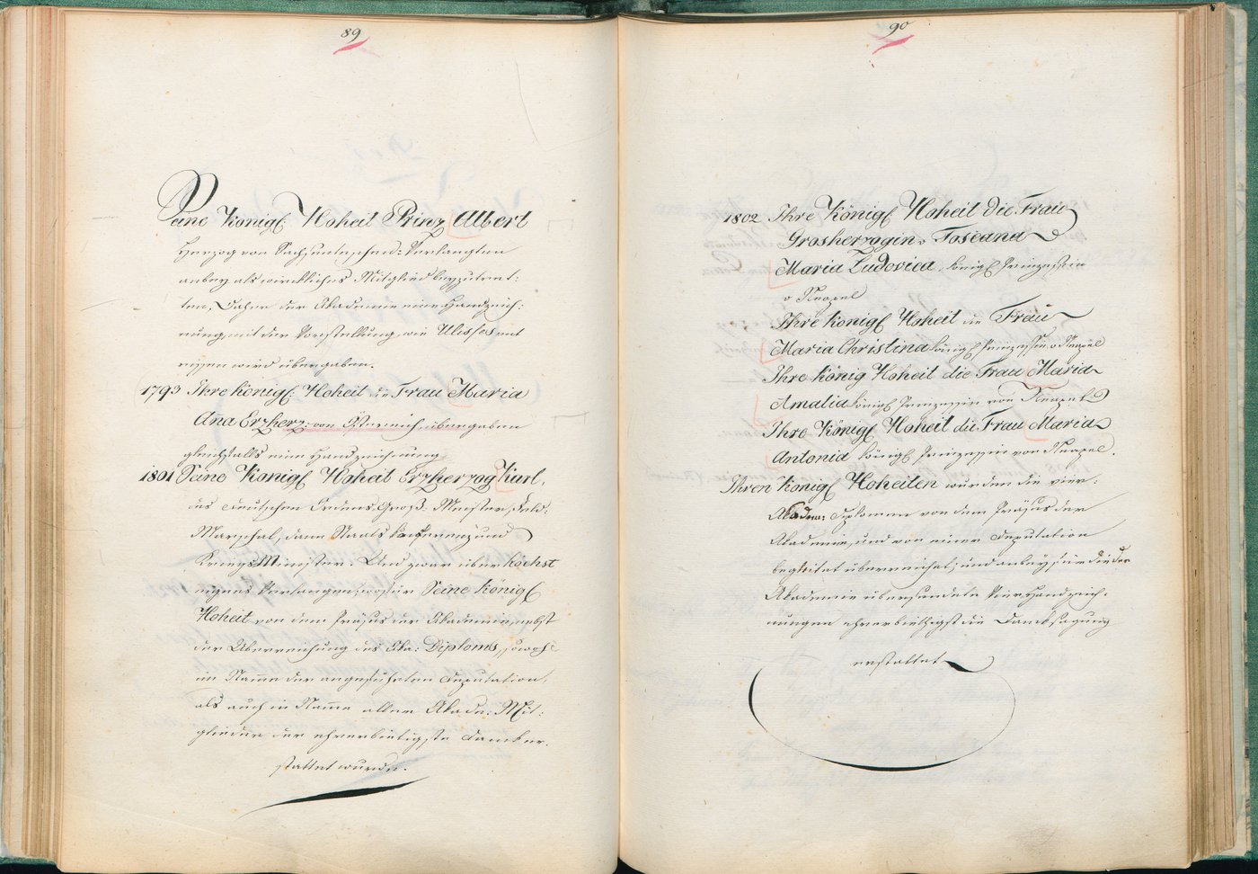 6 Zwei Seiten aus dem Wahlbuch mit den Namen einiger weiblicher Mitglieder aus dem Kaiserhaus, verzierte Handschrift in schwarzer Tinte.