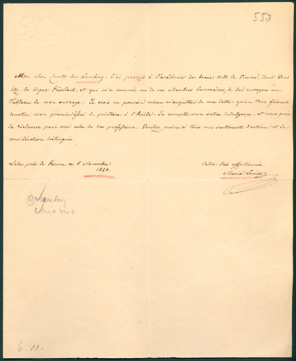 9 Französischsprachiges Dankschreiben von Erzherzogin Marie-Louise. Eine feine, zarte Handschrift in brauner Tinte.