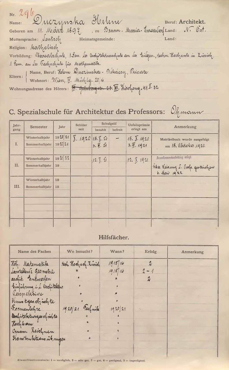 UAAbKW, Studierendenakt Nr. 296 Helene Duczynska Studienakt, Doppelbogen, Vordruck im Folioformat der Architekturschule, 1. Seite mit den Stammdaten und Studiendaten von Helene Duczynska, die Einträge in Handschrift mit schwarzer Tinte, die Registriernummer 296 in roter Tinte