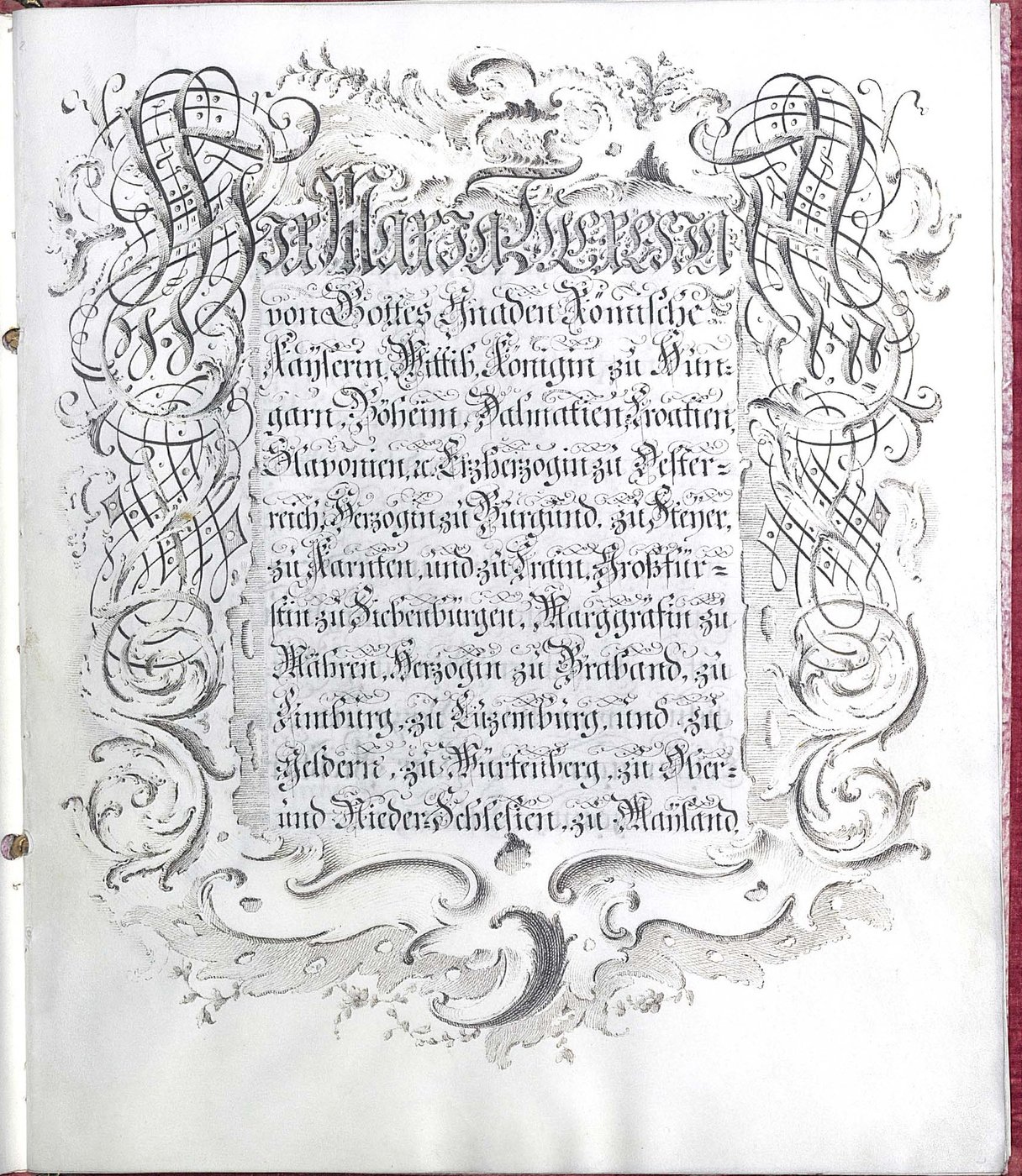 2 Kunstvoll ausgeschmücktes Titelblatt mit dem vollständigen Titel der Kaiserin Maria Theresia