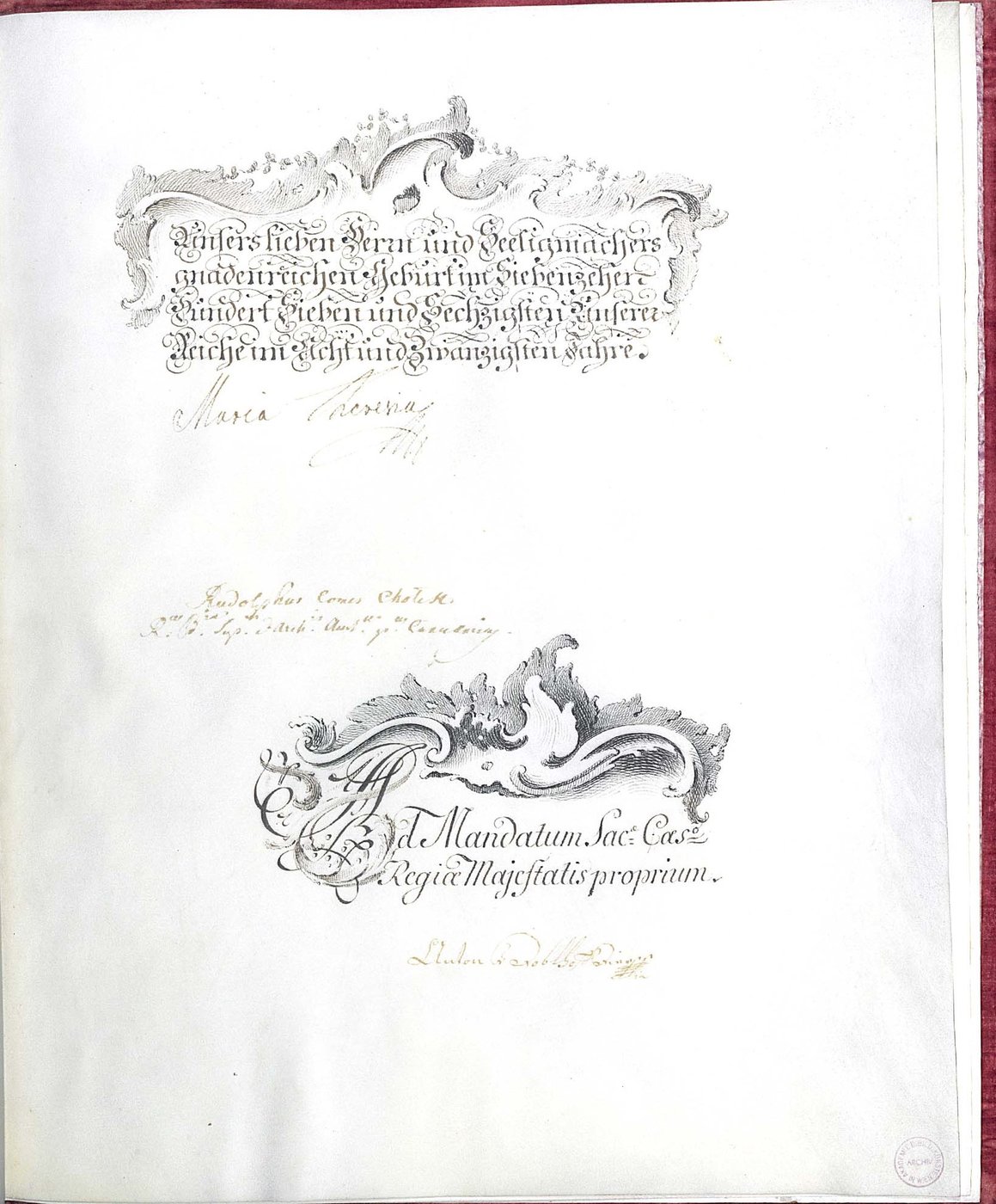 3 Letzte Seite der Kupferstecherstatuten, Verzierungen, Unterschrift Maria Theresias