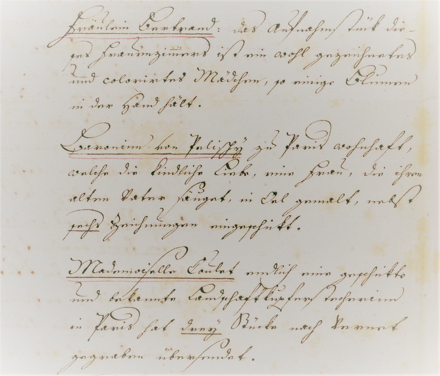 6 Handschriftliche Erwähnung der drei Frauen „Fräulein Bertrand“, „Baronin von Pelischy“ und „Mademoiselle Coulet“ in einem Aktenstück, Kurrentschrift