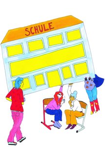 Hand drawing showing teachers in conversation while holding up a school building with their hands