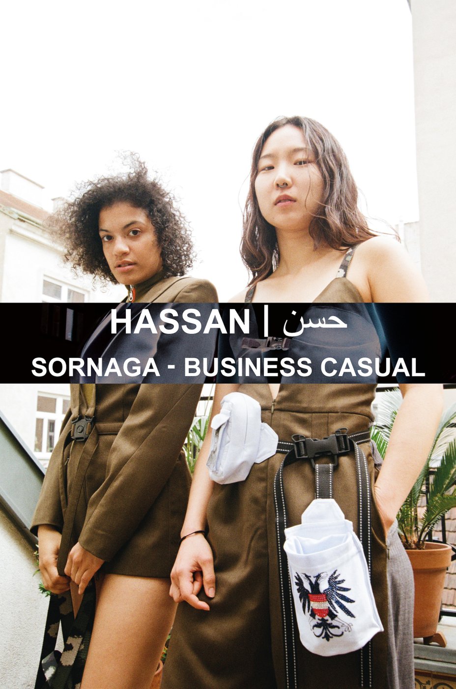 two models with pieces from the Sernaga Collection; brown jacket with belt and brown overall with straps as well as belt bags in white with double eagle application made of rhinestones;